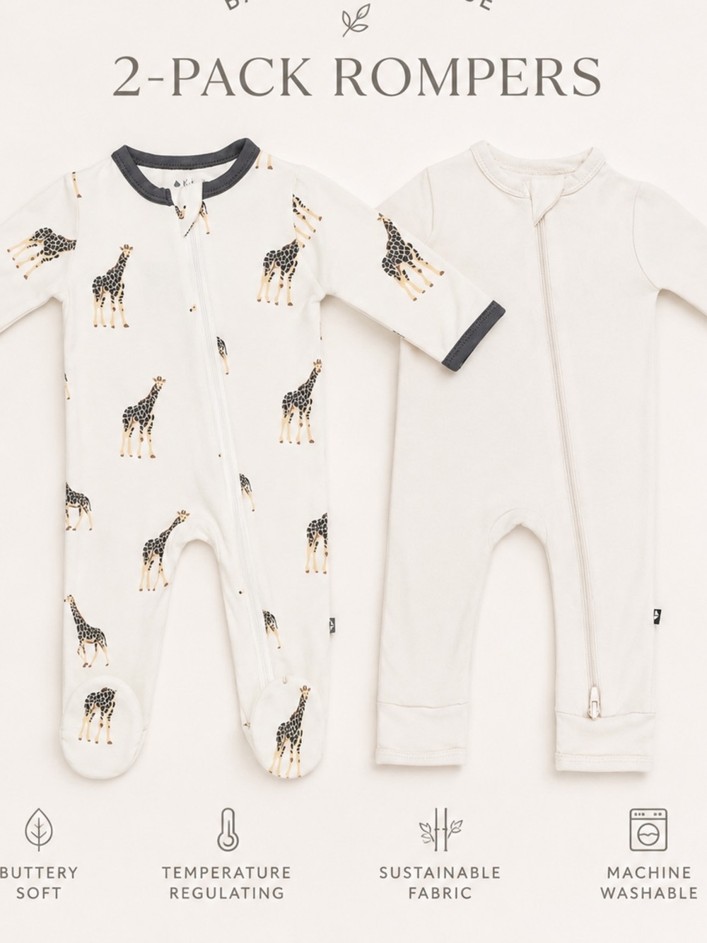 Kyte BABY Giraffe Print & Cream 2-Pack Footie Rompers